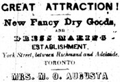 Advertisement for Mary Augusta's dry goods and dressmaking store, Toronto, 1855. The Provincial Freeman.


