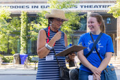 Suzanne Kavanagh (board member) and Erin Verdon (emerging historian) on the It Takes a Village tour, August 6, 2022. Image by Ashley Duffus.