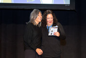 Denise Bolduc and Rebeka Tabobondung accepting for Indigenous Toronto: Stories That Carry This Place, Book Award, Heritage Toronto Awards, October 17, 2022. Image by Herman Custodio.
