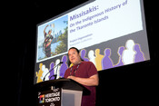 Yuma Dean Hester accepting for Missisakis: On the Indigenous History of the Tkaronto Islands, Peoples' Choice Award, Heritage Toronto Awards, October 17, 2022. Image by Herman Custodio.