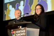 Gary Switzer and Eve Lewis accepting for Waterworks, Adaptive Reuse Award, Heritage Toronto Awards, October 17, 2022. Image by Herman Custodio.