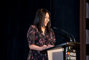 Host Kelda Yuen speaking at Heritage Toronto Awards, held at the Carlu, October 2022. Image by Herman Custodio,

