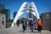 Indigenous Dialogues tour group, Humber Bay Bridge Arch, July 3, 2022. Image by Ashley Duffus.