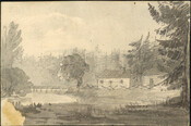 John Scadding's first cabin on the Don River, 1793, by Elizabeth Simcoe. Archives of Ontario.