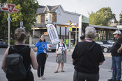 Tour participants on the "Greektown on the Danforth" tour, Chester subway station, August 3, 2023. Image by Johnny Wu.