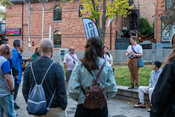 Tour participants on the "It Takes a Village" tour, Barbara Hall Park, September 21, 2023.  Image by Oscar Akamine.