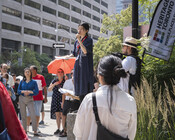 Tour leader, Jingshu Yao, Toronto's First Chinatown tour, July 1, 2023. Image by Johnny Wu.
