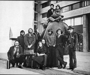 The Unknown Student statue with TPM members, Rochdale College, 341 Bloor Street W., circa 1969. Courtesy of  Theatre Passe Muraille Archives.