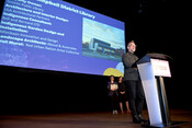 Brock James, LGA Architectural Partners, accepting for the Albert Campbell District Library, Adaptive Reuse Award, Heritage Toronto Awards, October 30, 2023. Image by Herman Custodio.