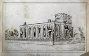 A drawing of the scorched remains of the first St. James Cathedral following the 1849 fire. Martin Henry, 1849. Courtesy of Toronto Public Library.