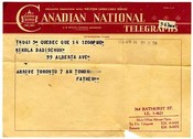 Telegram sent by the Canadian National Telegraph, April 14, 1958. Courtesy of Canadian Museum of Immigration at Pier 21, DI2014.118.17.