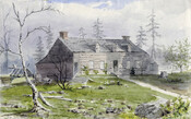 Watercolour painting of John Scadding's cabin, circa 1888.