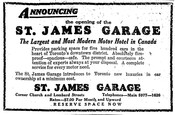 A newspaper advertisement for the St. James Parking Garage, November 25, 1925. Globe and Mail.