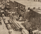 Emergency teams at the scene of the fire at the Phillips Garment Factory, 445-447 Richmond Street West, January 20, 1950. Toronto Star.