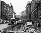 Construction of the Yonge subway line at Front and Bay Streets, 1950. City of Toronto Archives.