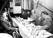 Ontario Premier Bill Davis and cabinet members on opening night of the King Street location of the Underground Railroad Restaurant, 1973.