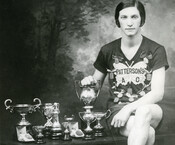 Bobbie Rosenfeld with her many trophies and awards, circa 1920s.