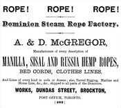 Advertisement for the Dominion Steam Rope Factory, 1874. Fisher & Taylor’s Toronto Directory.