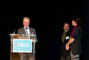 Mike Yorke presents the Architectural Conservation and Craftsmanship Award to Vitreous Glassworks, Heritage Toronto Awards, October 29, 2018. Image by Herman Custodio.