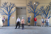Tour participants at the Flow Blue art installation, Yonge Art, July 23, 2022. Image by Ashley Duffus.