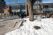 Sprucecourt Public School, formerly location of Toronto General Hospital, 70 Spruce Street, February 6, 2022. Image by Herman Custodio.